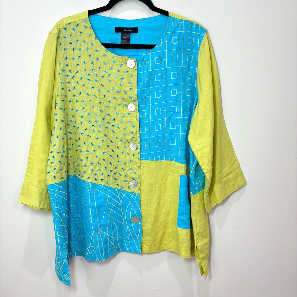 Ali Miles Linen Tunic Top Women 1X Yellow Blue Embroidered Patchwork Lagenlook